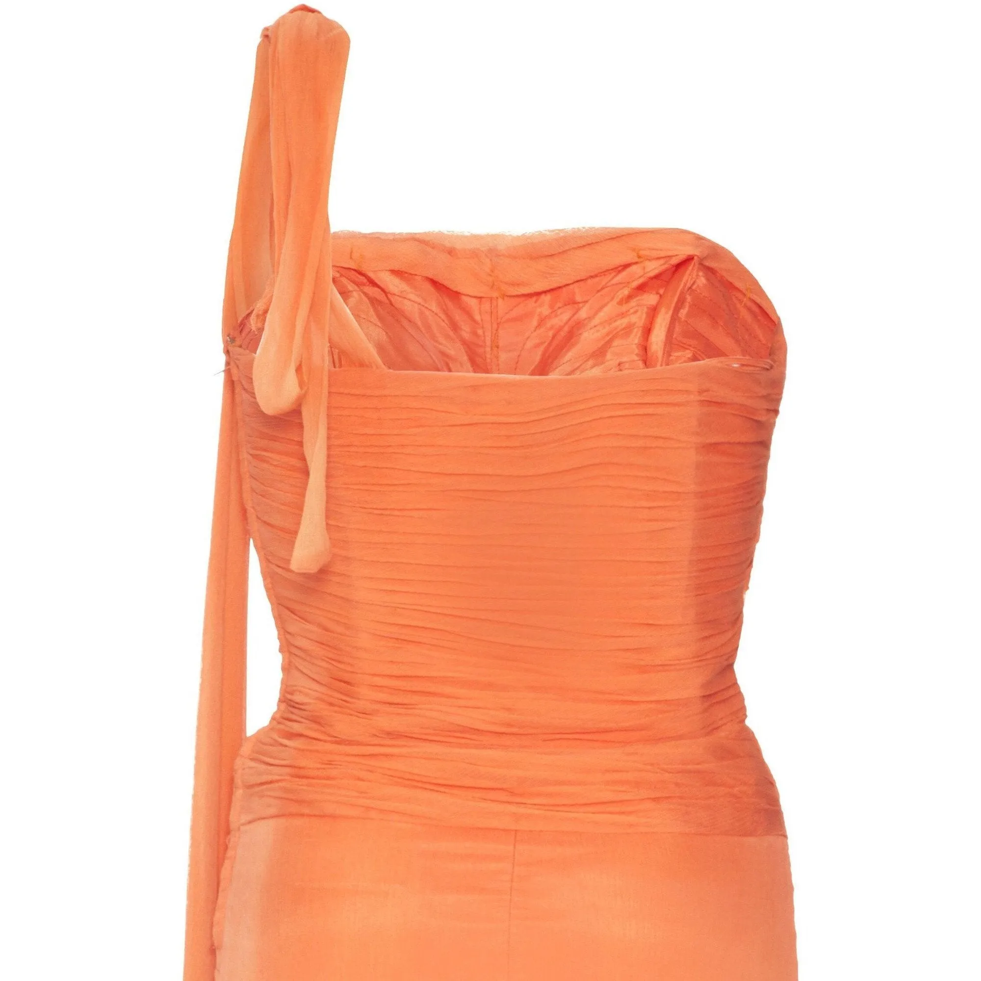 1950s-60s Harrods Orange Silk Georgette Dress With Asymmetrical Strap