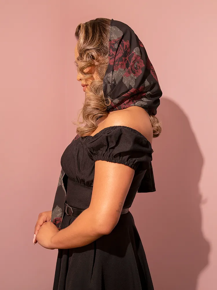 1950s Inspired Chiffon Scarf in Black Rose Print - Vixen by Micheline Pitt