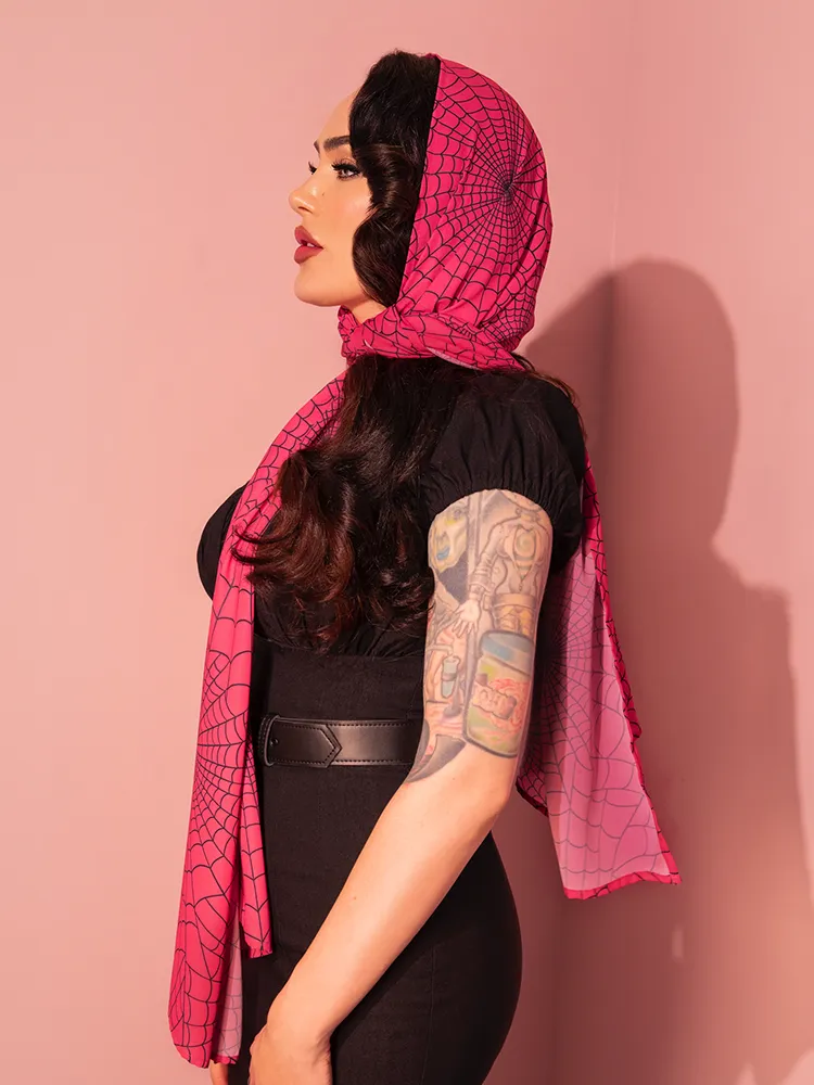 1950s Inspired Chiffon Scarf in Hot Pink Spider Web Print - Vixen by Micheline Pitt