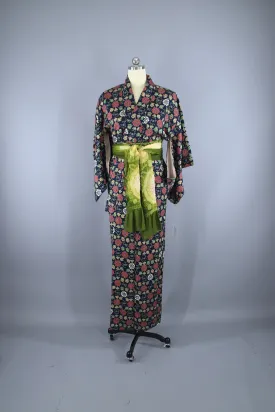 1950s Vintage Silk Kimono Robe / Navy BlueFloral