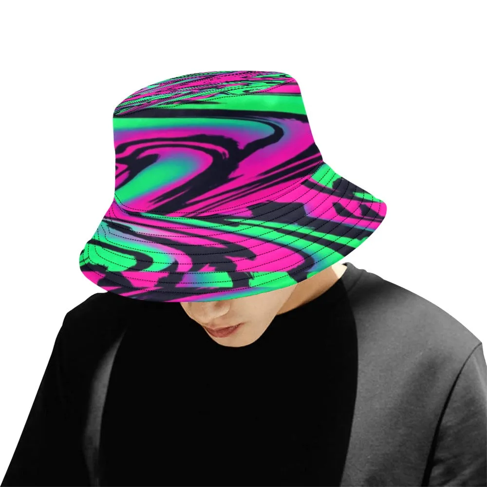 80s Pink and Green Wave Glitch Bucket Hat | UV Blacklight Reactive