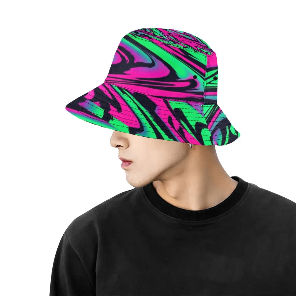 80s Pink and Green Wave Glitch Bucket Hat | UV Blacklight Reactive