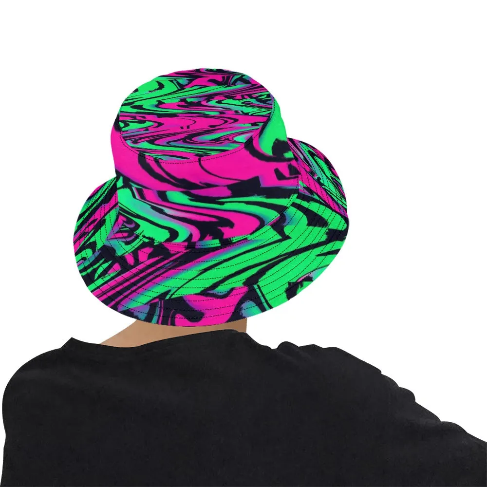 80s Pink and Green Wave Glitch Bucket Hat | UV Blacklight Reactive