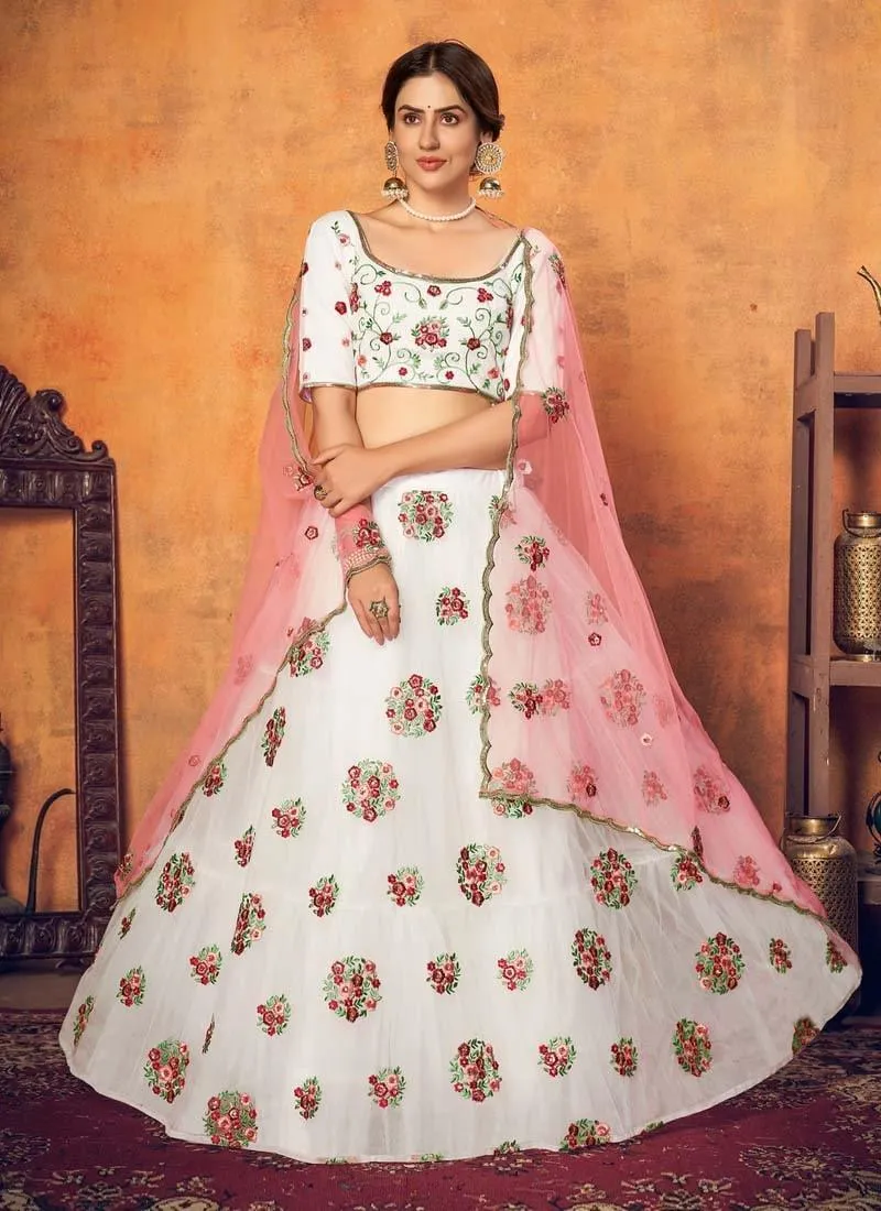 Admiring White Color Soft Net Fabric Thread Work Crop Top Lehenga