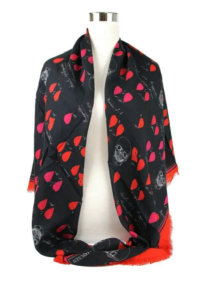 Alexander McQueen Women's Black / Red Modal / Wool Petal Skull Shawl Scarf