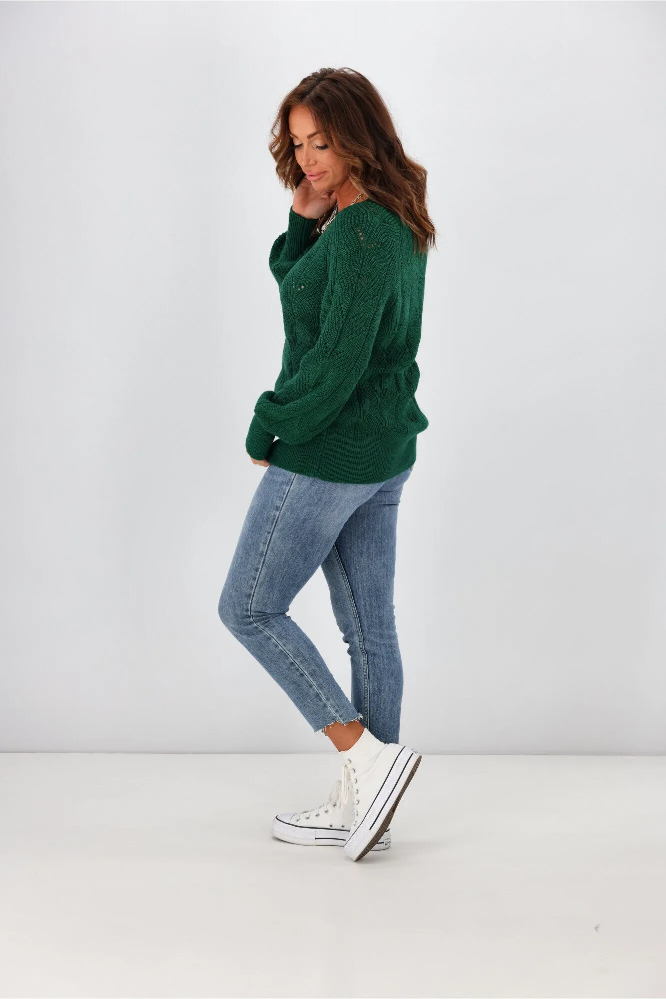 Alpine by Shine On Michaela Crochet Knit Merino Jumper Emerald