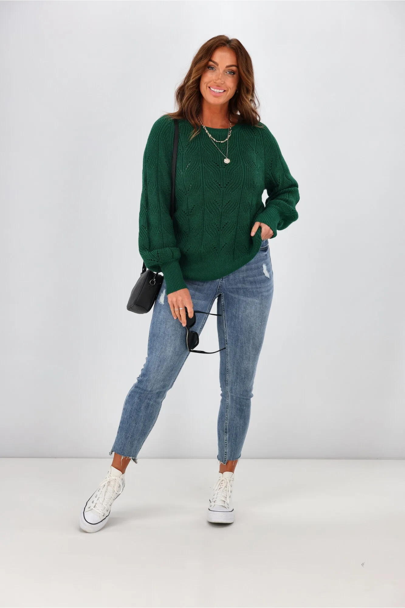 Alpine by Shine On Michaela Crochet Knit Merino Jumper Emerald