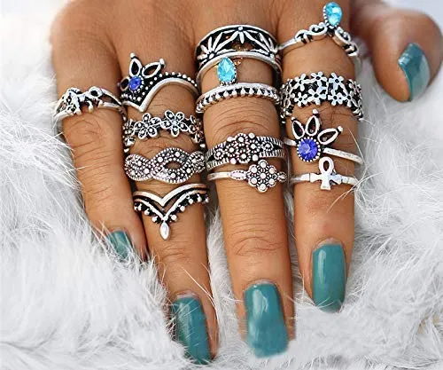 Antique Set of 13 Oxidised Silver Colour Bohemian Midi Rings for Women