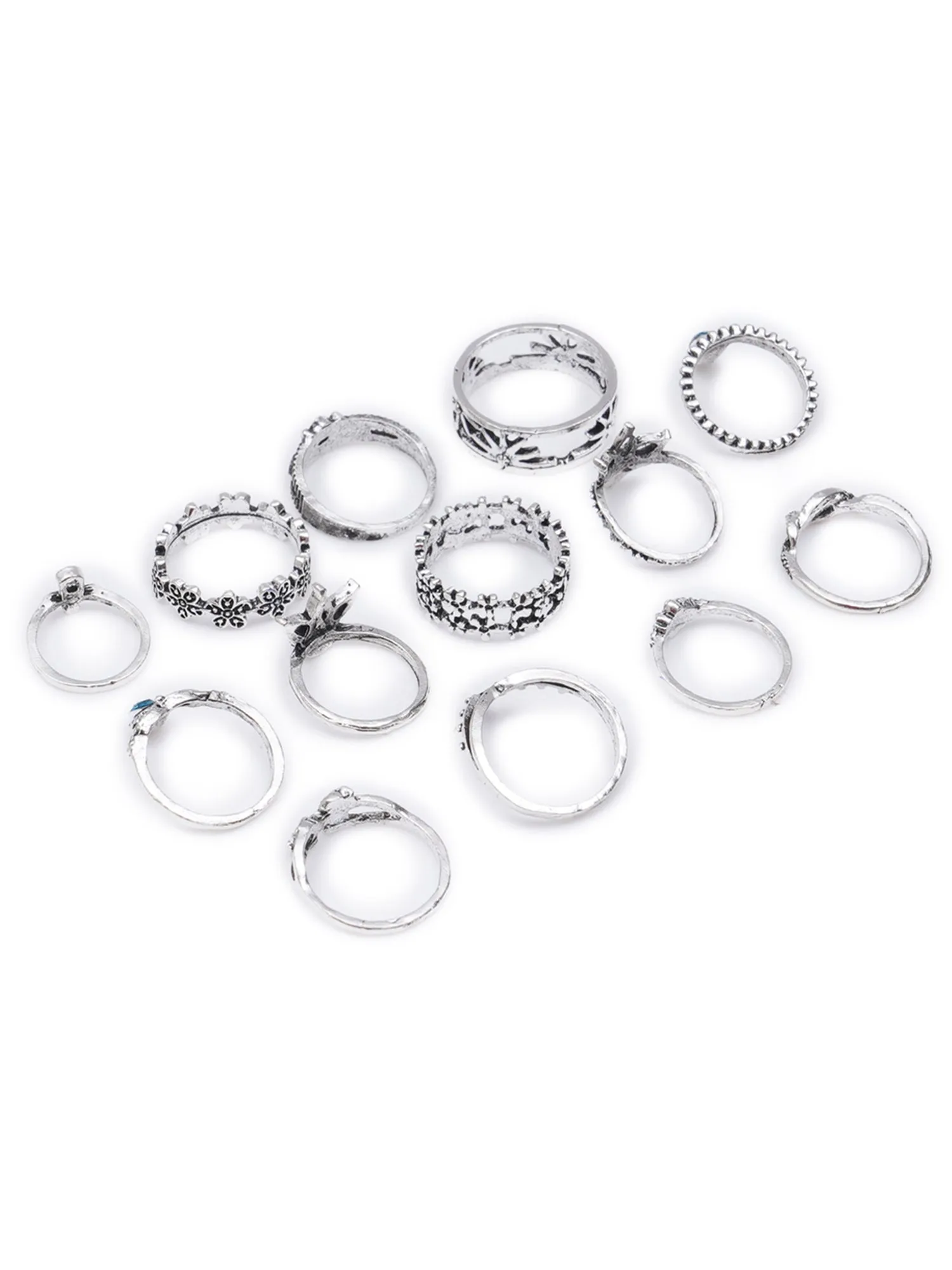 Antique Set of 13 Oxidised Silver Colour Bohemian Midi Rings for Women