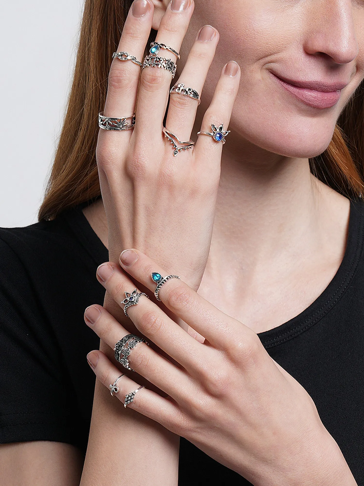 Antique Set of 13 Oxidised Silver Colour Bohemian Midi Rings for Women