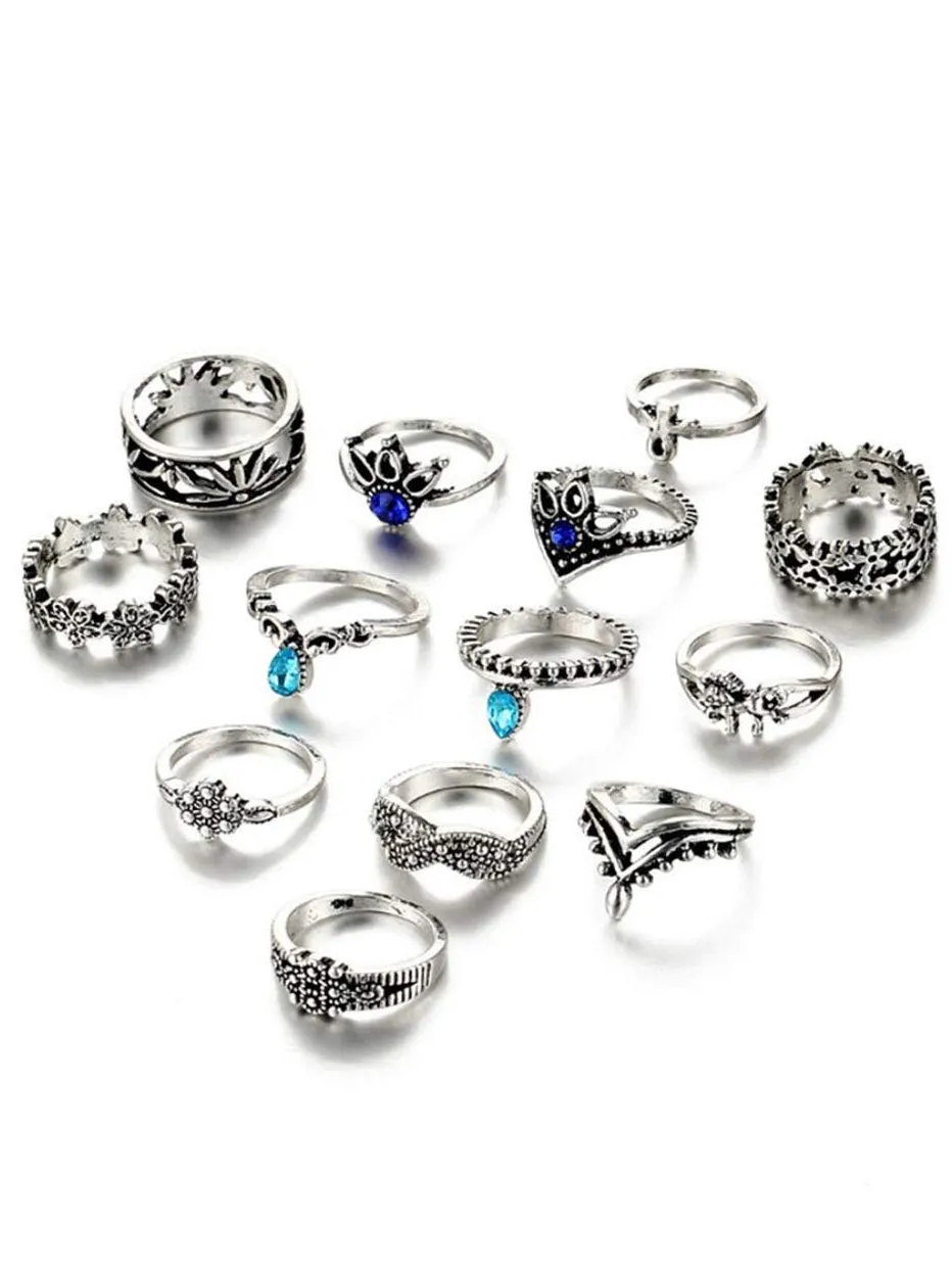 Antique Set of 13 Oxidised Silver Colour Bohemian Midi Rings for Women