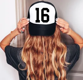 Baseball Number Printed (Black Print) Trucker Hat/ Any Number/ Custom Baseball Hat/ Multiple Colors