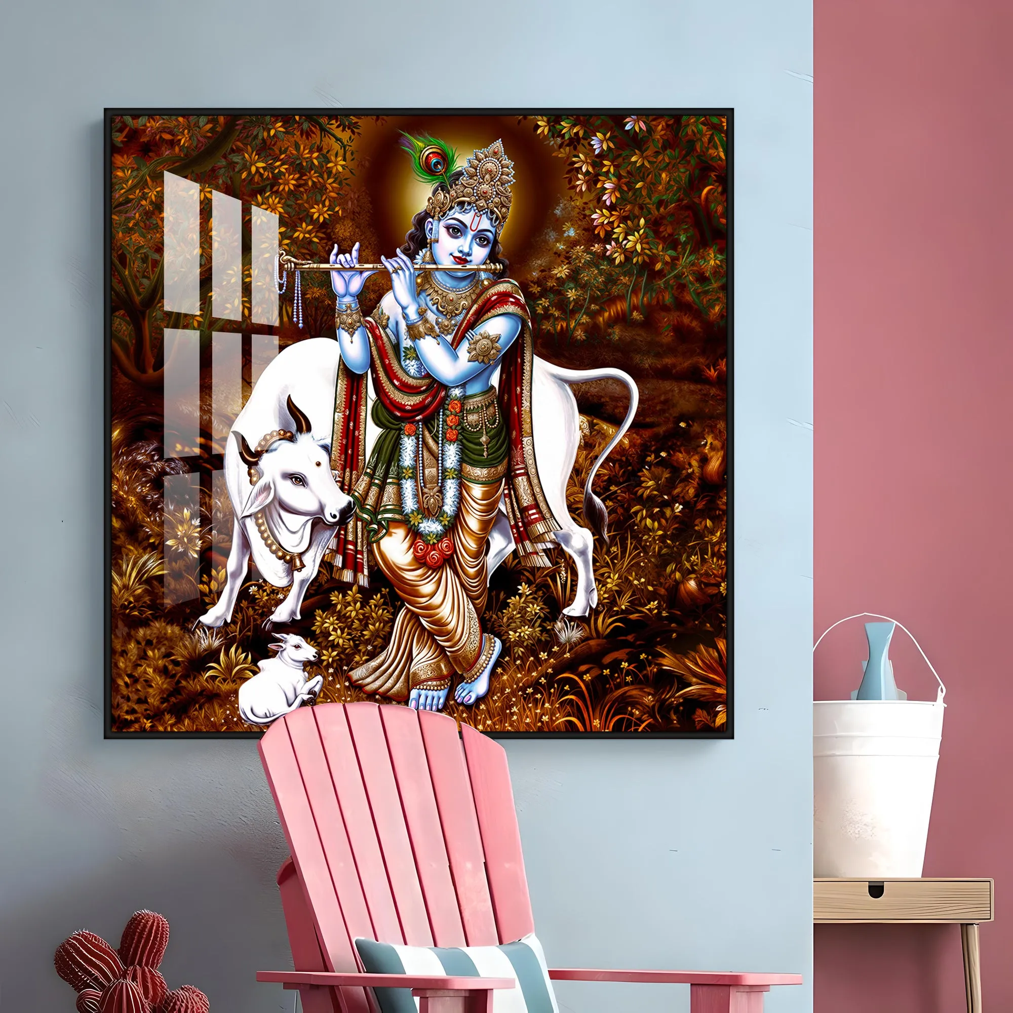 Beautiful Lord Krishna With Cow Premium Acrylic Square Wall Art