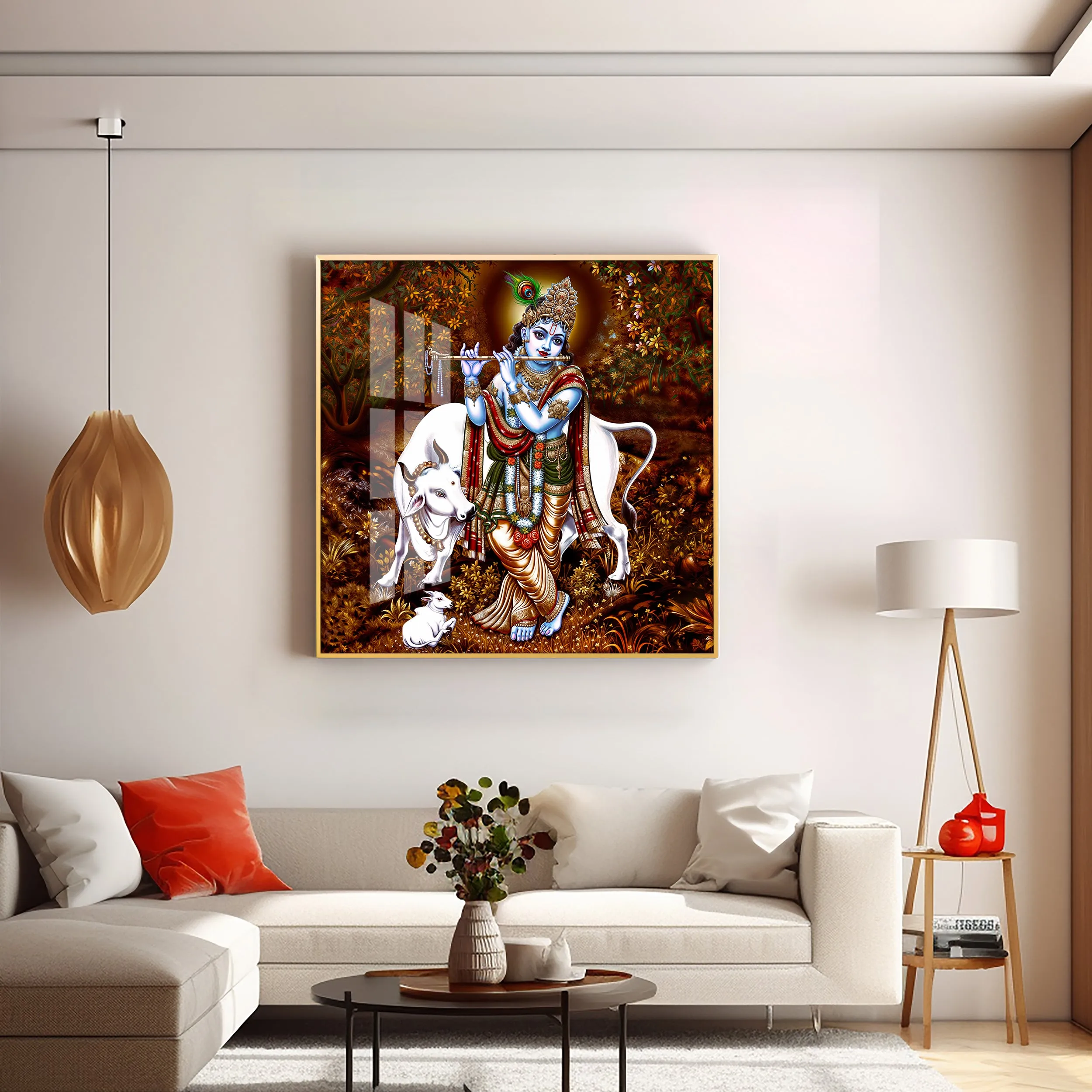 Beautiful Lord Krishna With Cow Premium Acrylic Square Wall Art