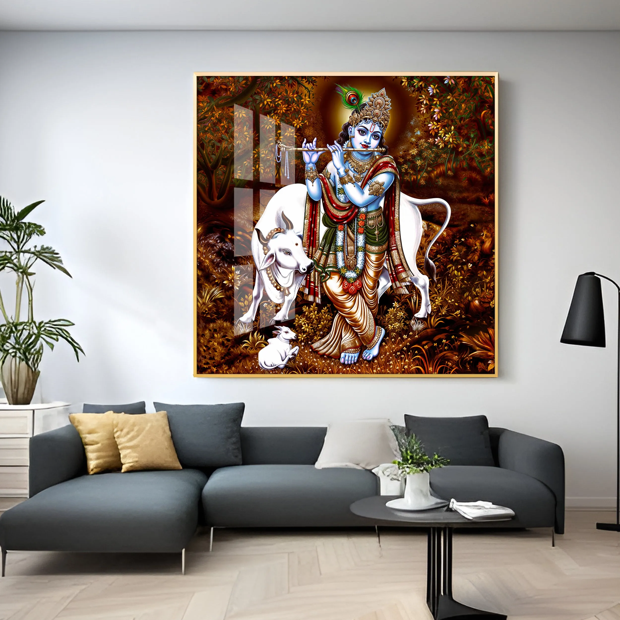 Beautiful Lord Krishna With Cow Premium Acrylic Square Wall Art