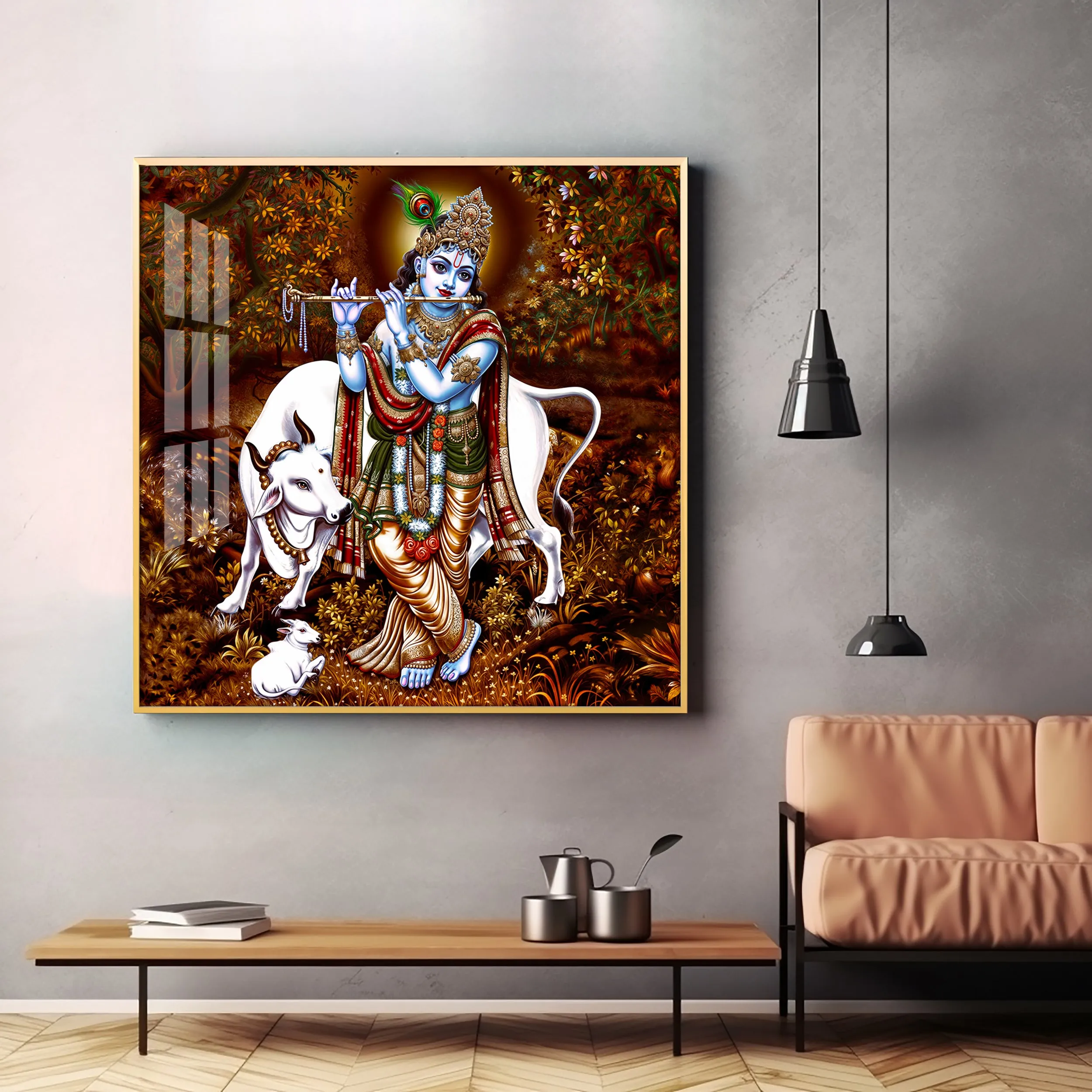 Beautiful Lord Krishna With Cow Premium Acrylic Square Wall Art