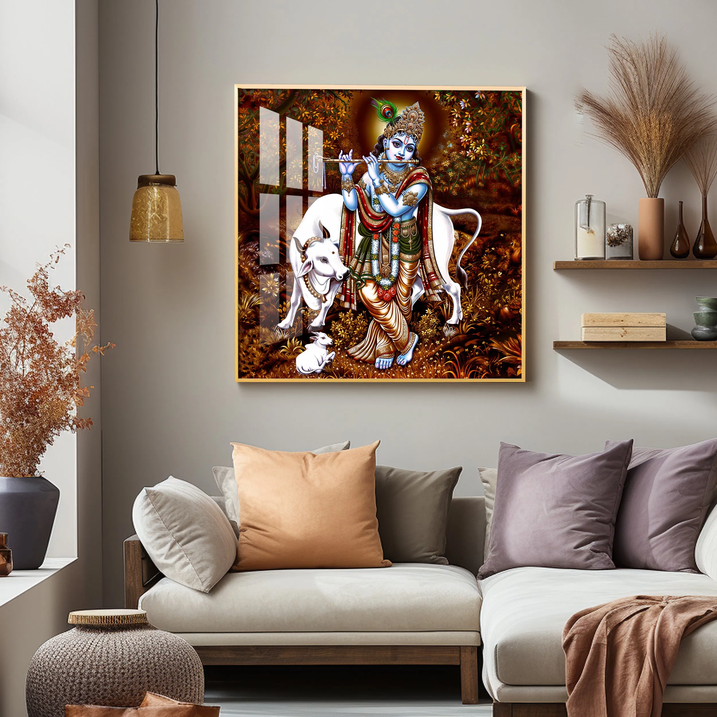 Beautiful Lord Krishna With Cow Premium Acrylic Square Wall Art