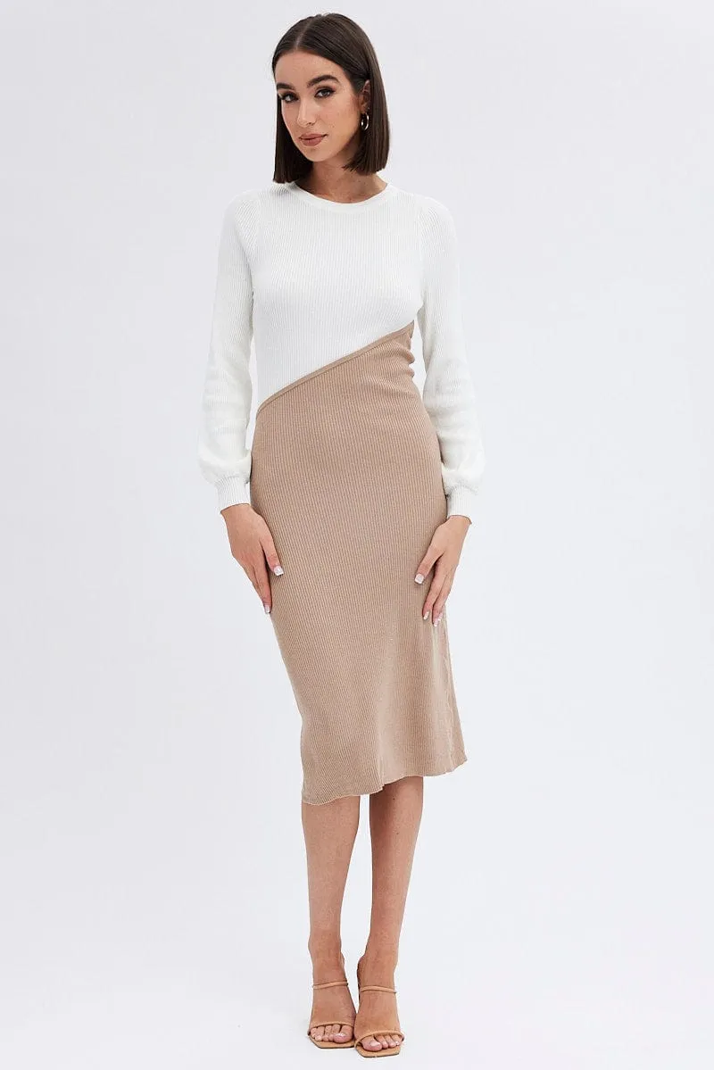 Beige Knit Dress Colour Block Midi