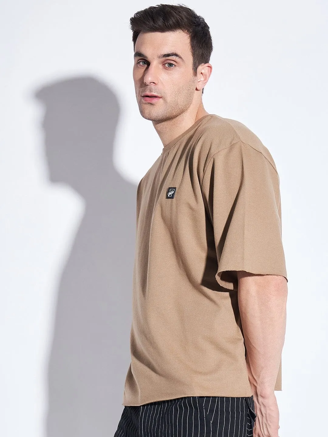 Beige Oversized Elbow Sleeve Tee