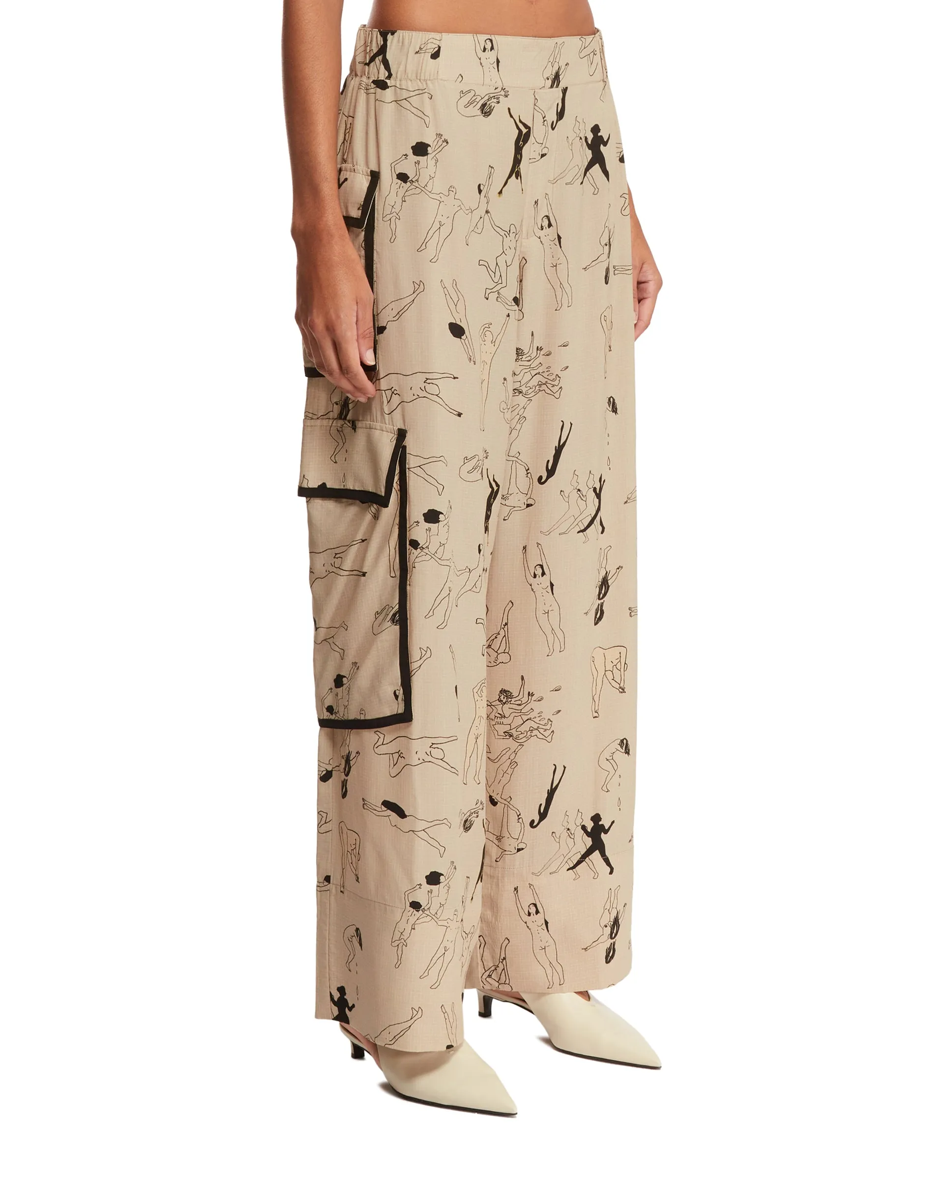 Beige Printed Silk Pants