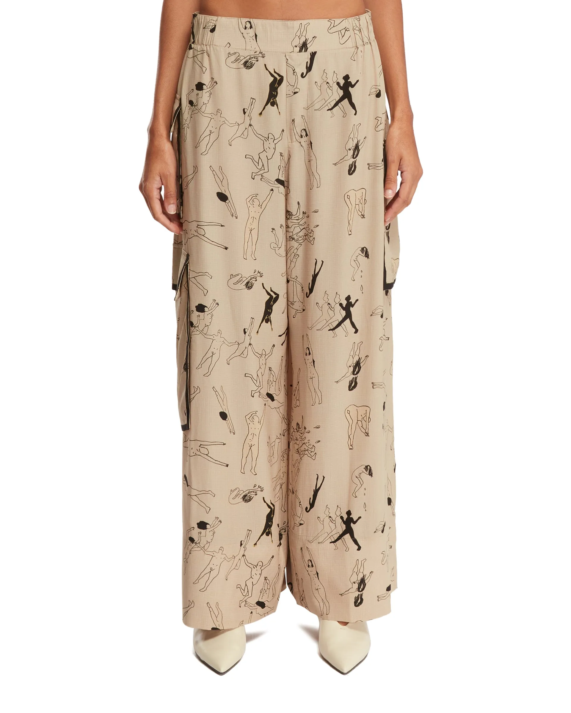 Beige Printed Silk Pants