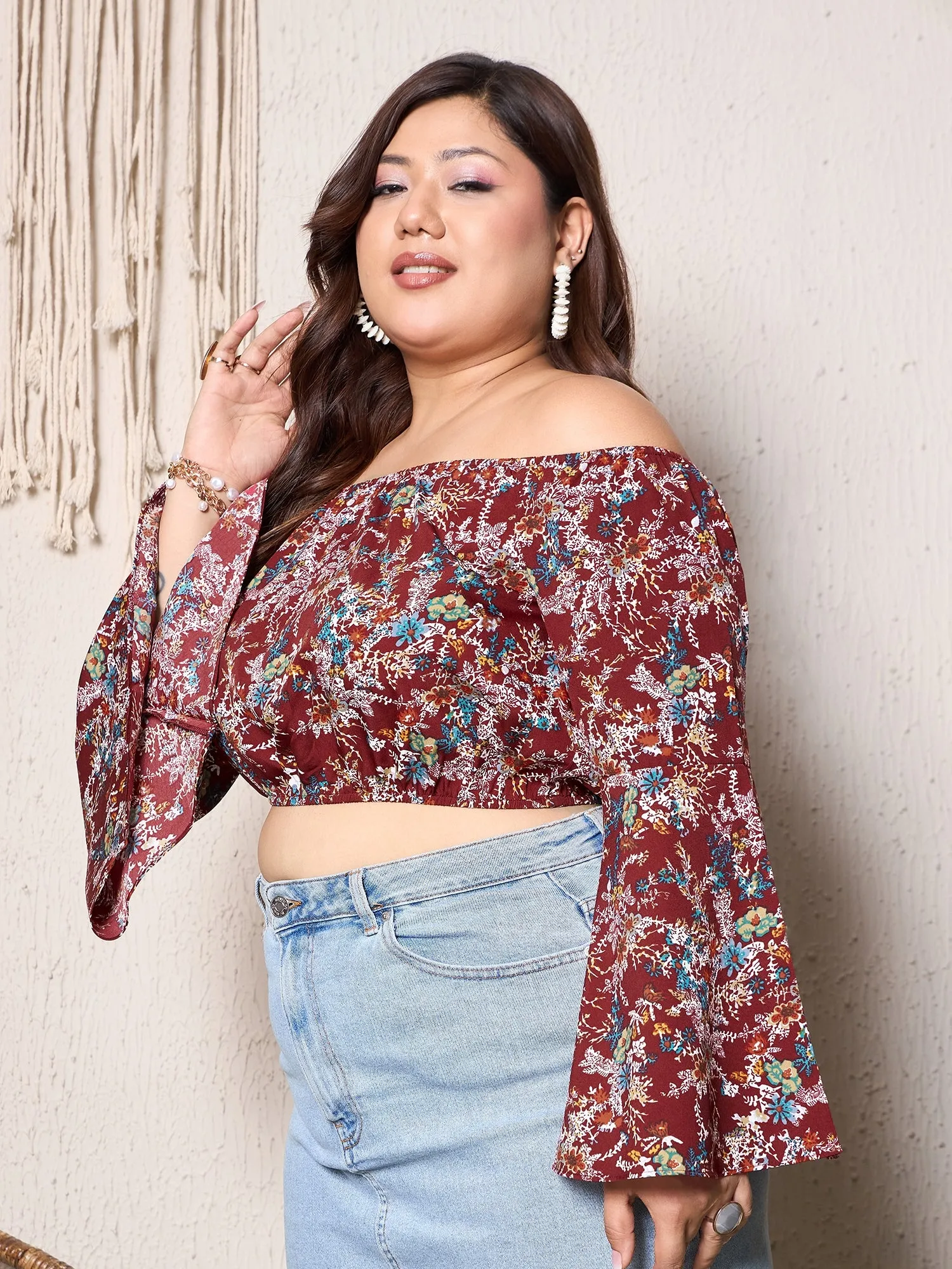 Berrylush Curve Maroon Floral Print Off Shoulder Crop Top