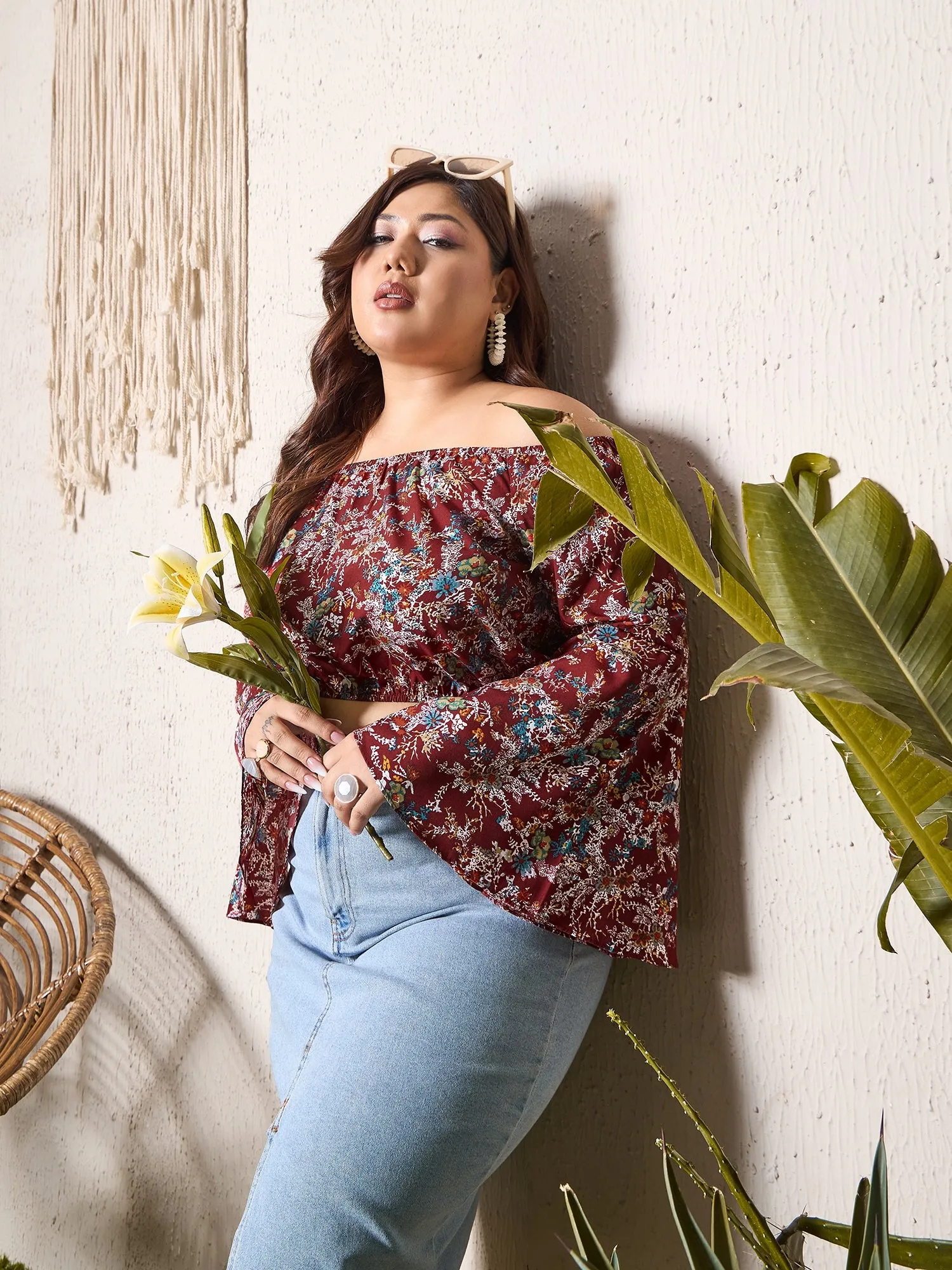 Berrylush Curve Maroon Floral Print Off Shoulder Crop Top