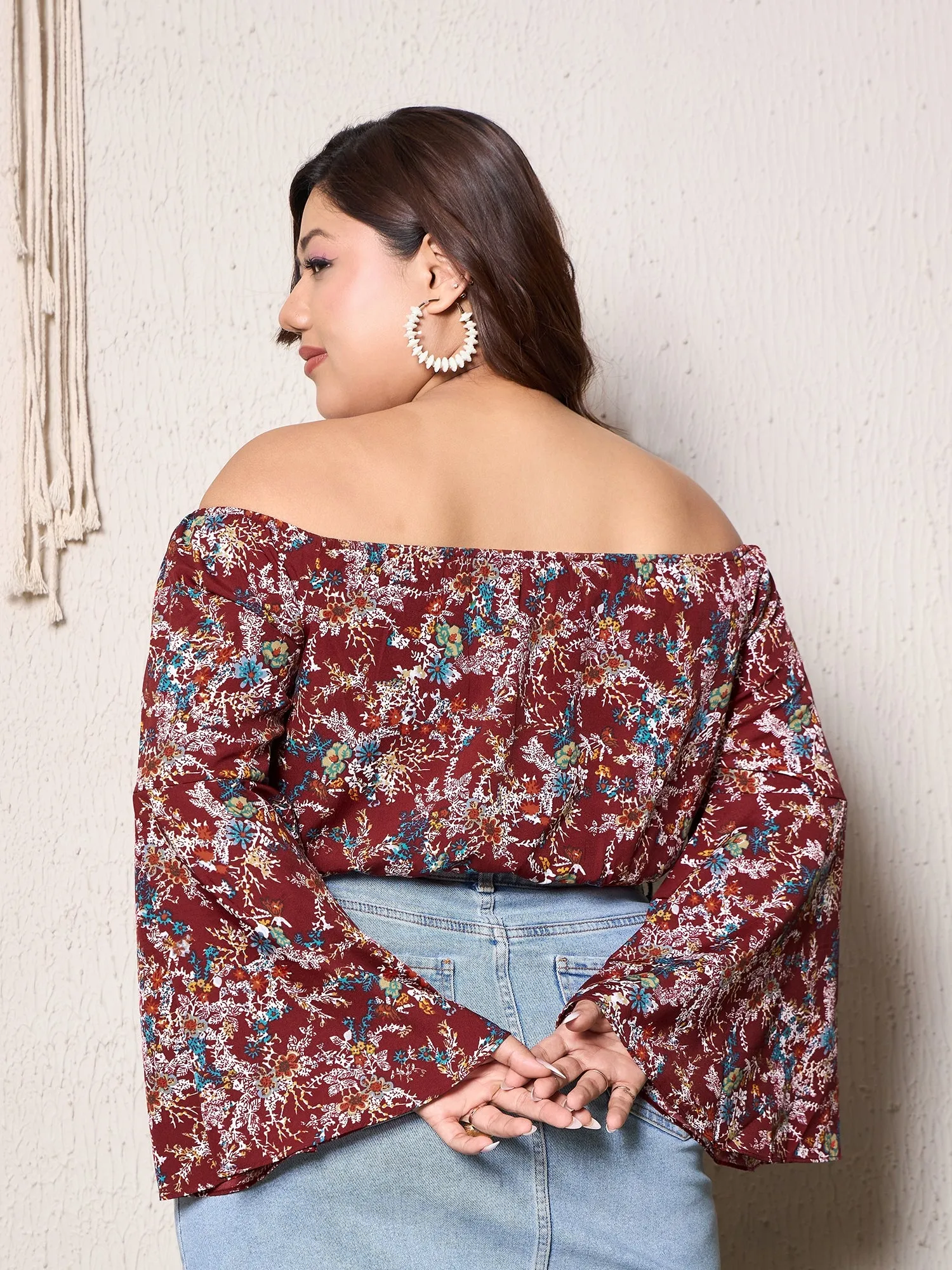 Berrylush Curve Maroon Floral Print Off Shoulder Crop Top