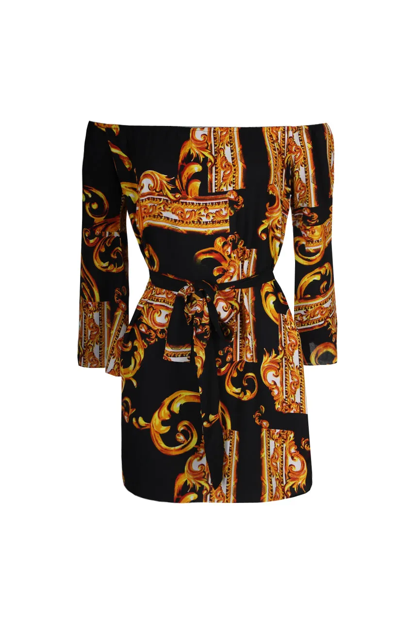 Black And Gold Patterned Off The Shoulder Shift Dress