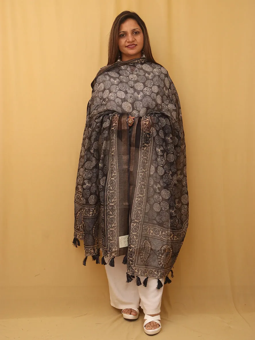 Black Block Printed Chanderi Silk Dupatta