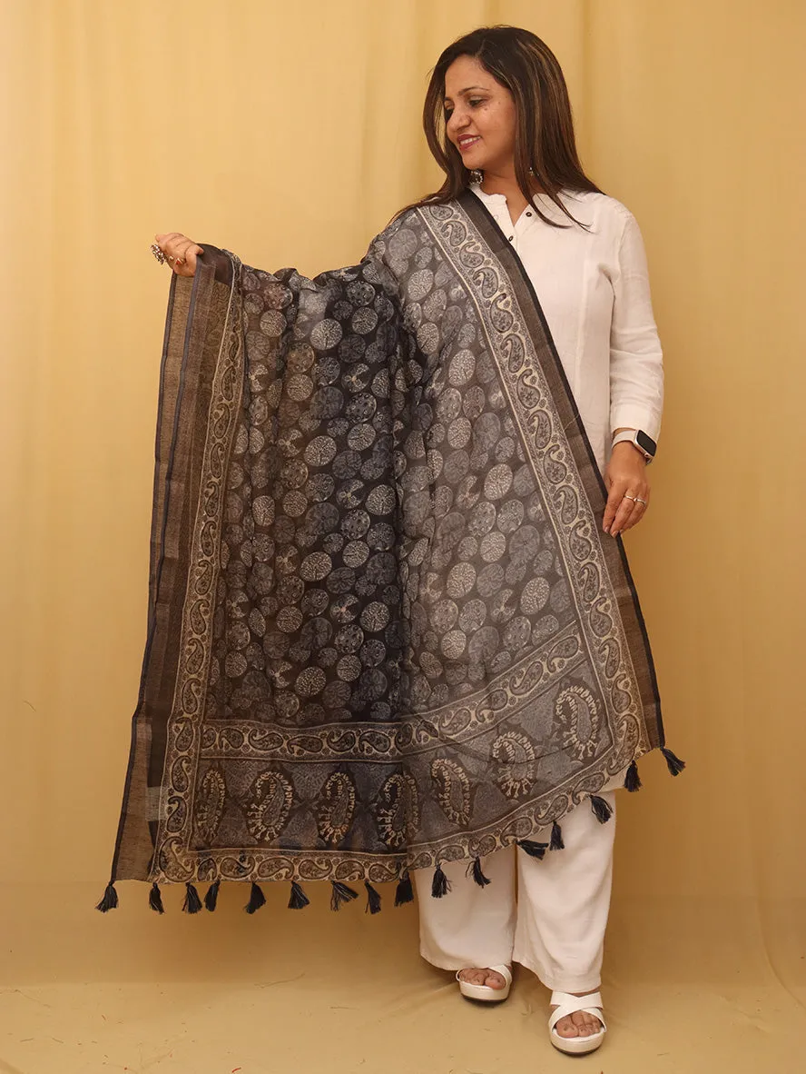 Black Block Printed Chanderi Silk Dupatta