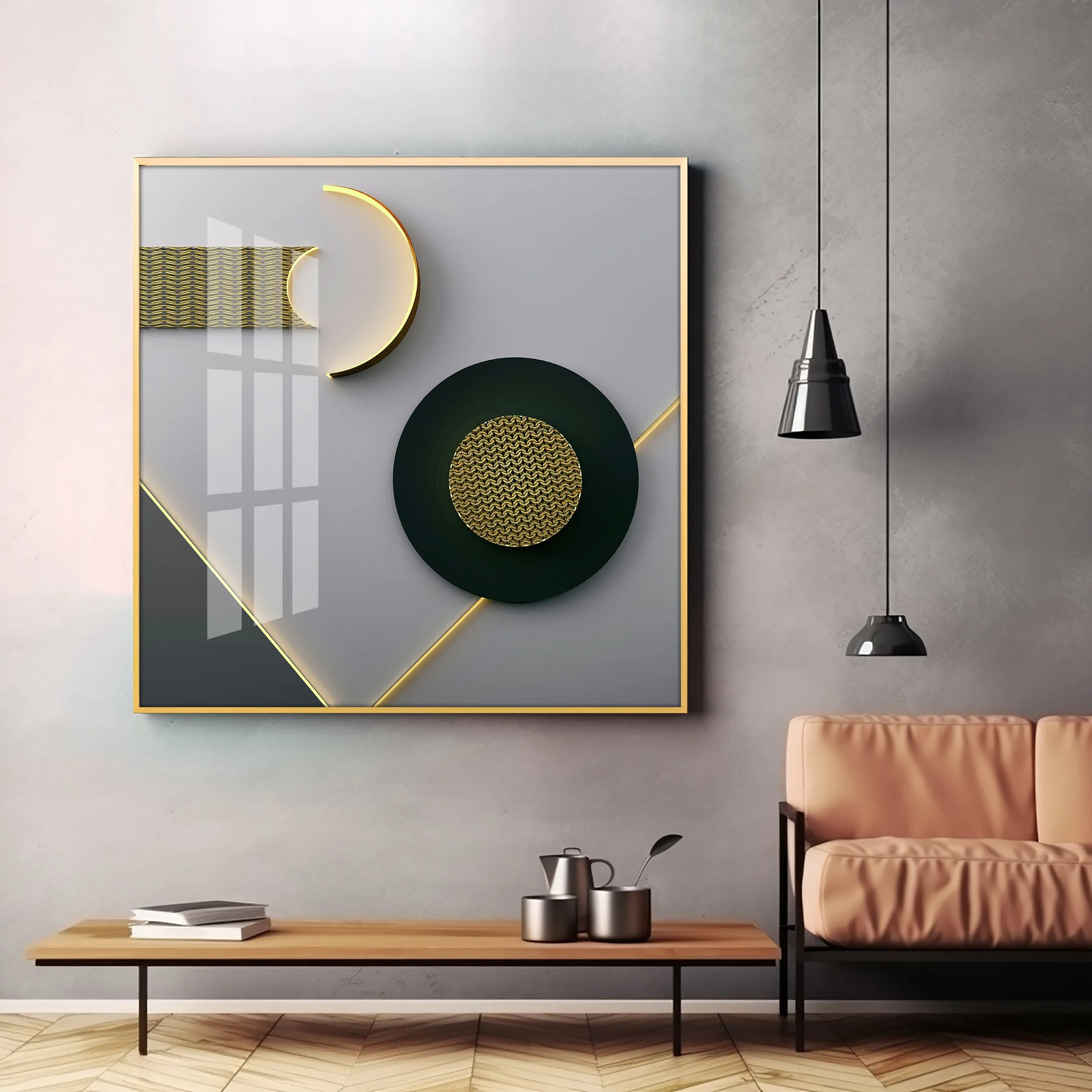 Black Disc With Gold Effect Premium Acrylic Square Wall Art