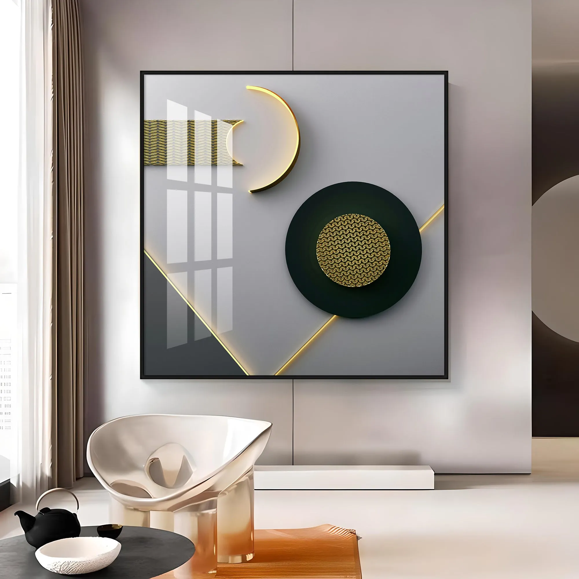 Black Disc With Gold Effect Premium Acrylic Square Wall Art