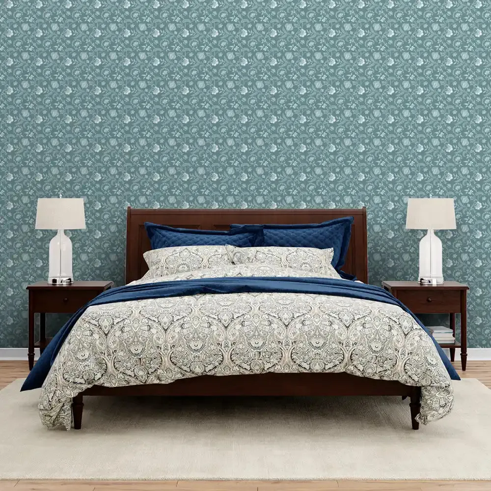 Blossom Design Wallpaper Roll in Teal Color