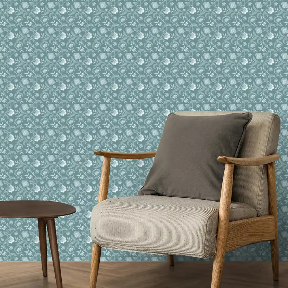 Blossom Design Wallpaper Roll in Teal Color