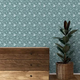 Blossom Design Wallpaper Roll in Teal Color