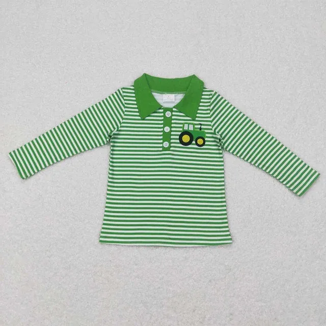 Boys Shirt - Collared - Green Tractor Stripe Farm