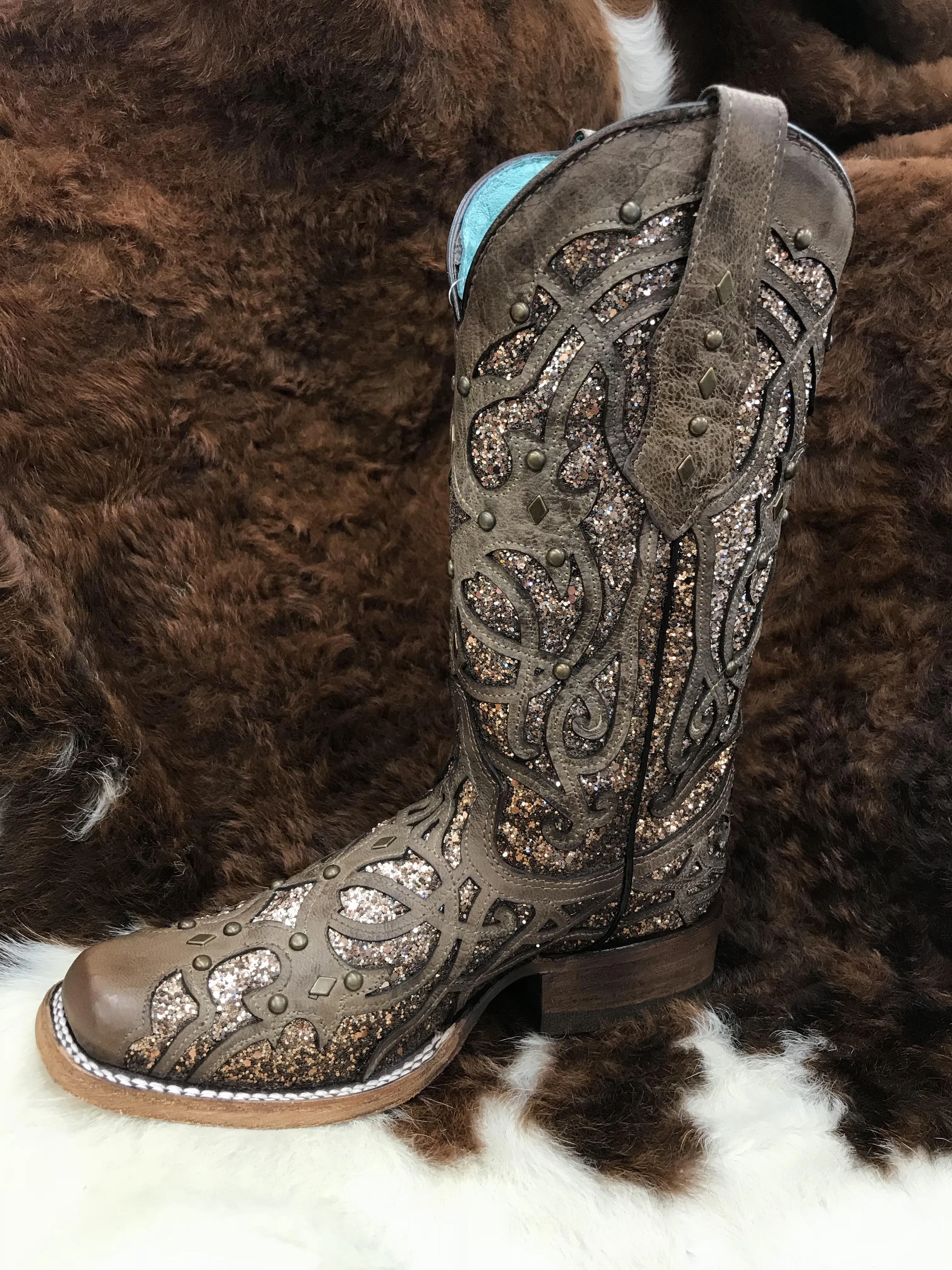 C3275 Corral Orix Glittered Inlay & Studs Square Toe Ladies Boots