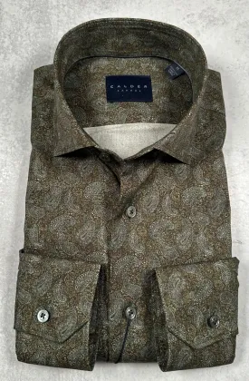 Calder Carmel Luxury Italian Printed Tonal Tossed Paisley Sport Shirt in Cocoa