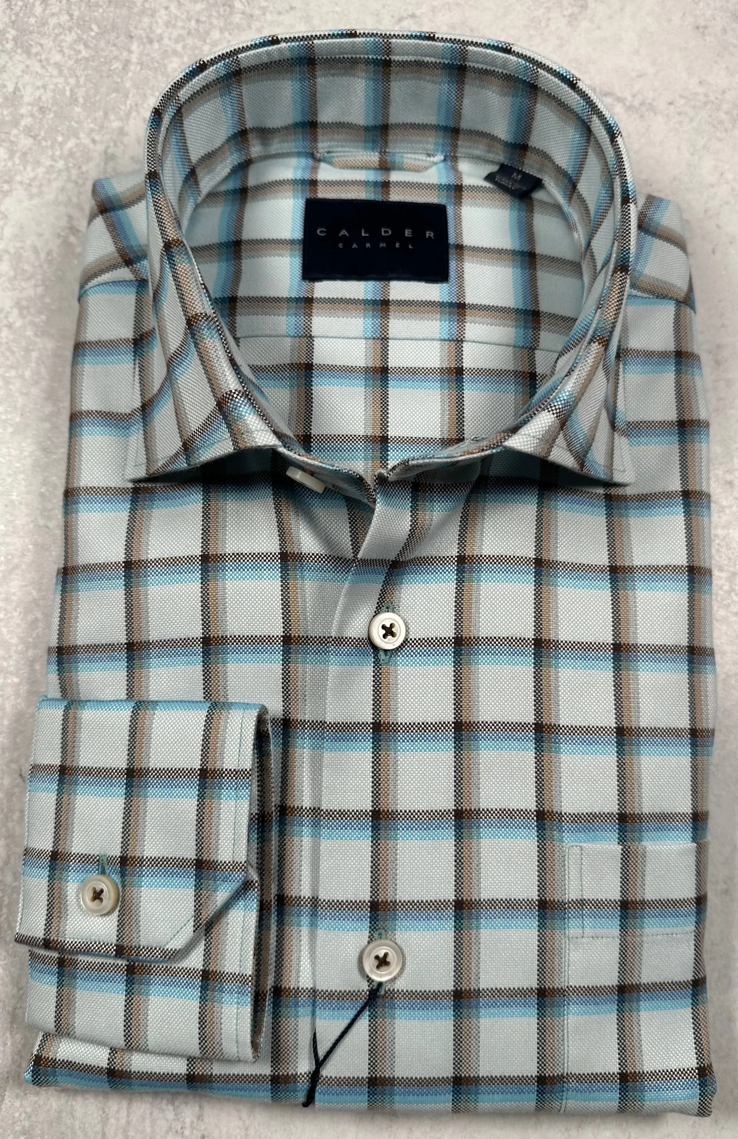 Calder Carmel Ultimate Brushed Oxford Windowpane Sport Shirt in Turquoise