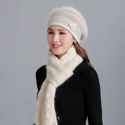 Cashmere Rabbit Beret Hat & Fashion Bow Knot Scarf