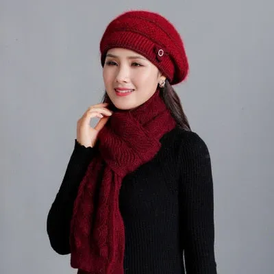 Cashmere Rabbit Beret Hat & Fashion Bow Knot Scarf