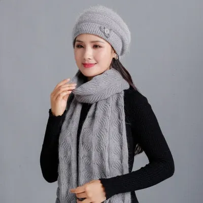 Cashmere Rabbit Beret Hat & Fashion Bow Knot Scarf