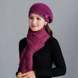 Cashmere Rabbit Beret Hat & Fashion Bow Knot Scarf