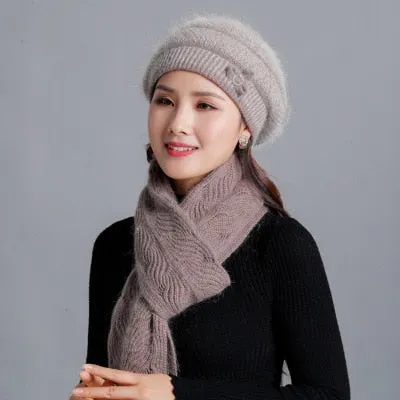 Cashmere Rabbit Beret Hat & Fashion Bow Knot Scarf