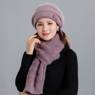 Cashmere Rabbit Beret Hat & Fashion Bow Knot Scarf