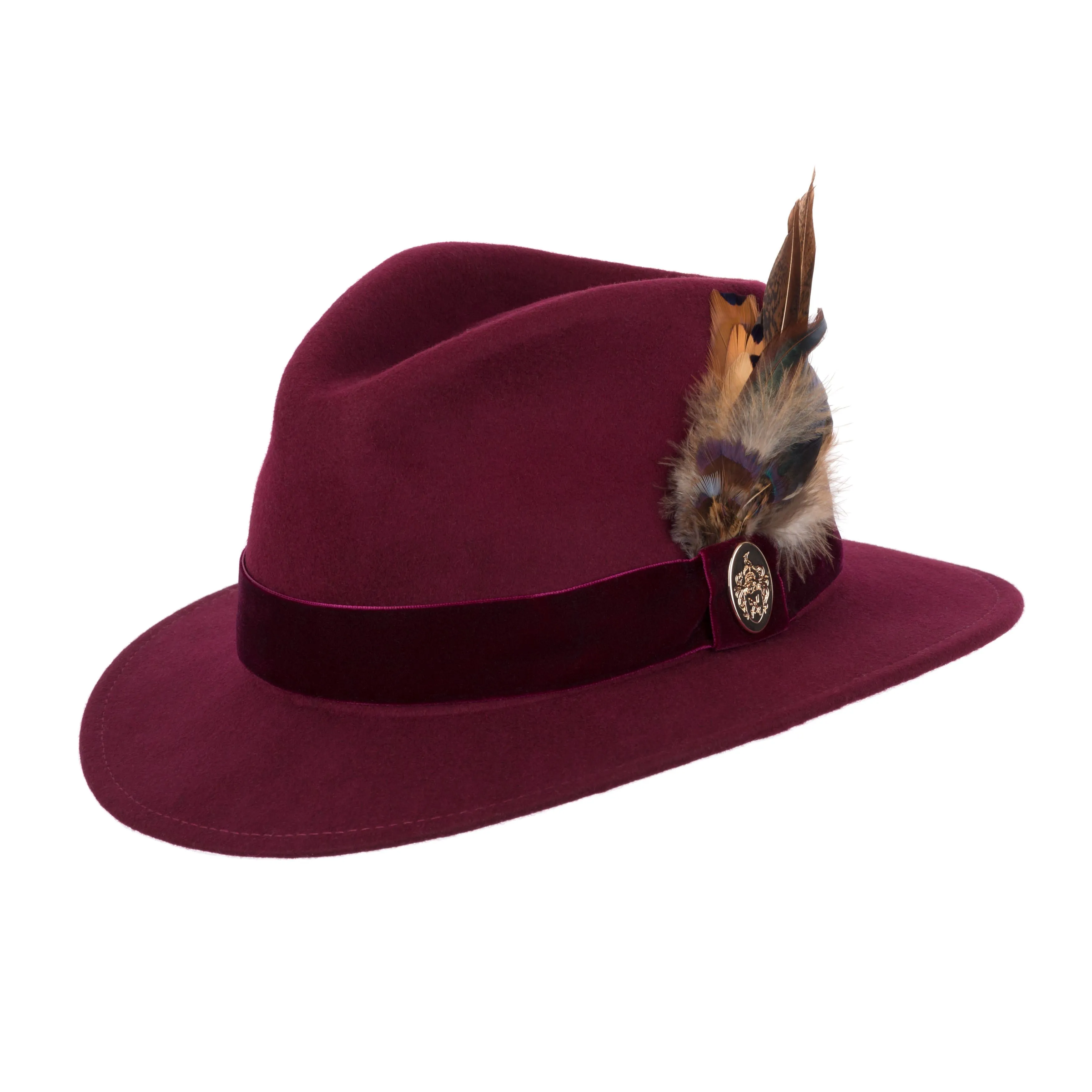 Chelsworth Fedora Bronze Luxe Feather - Maroon