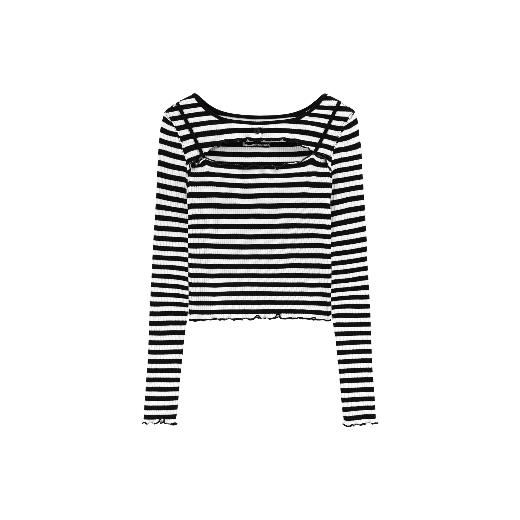 Chest Cutout Frill Long Sleeves Striped Top