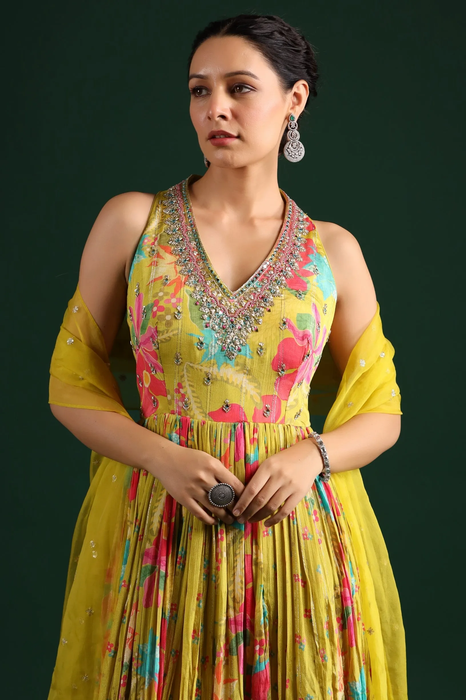 Corn Yellow Floral Printed Chinon Silk Anarkali Set