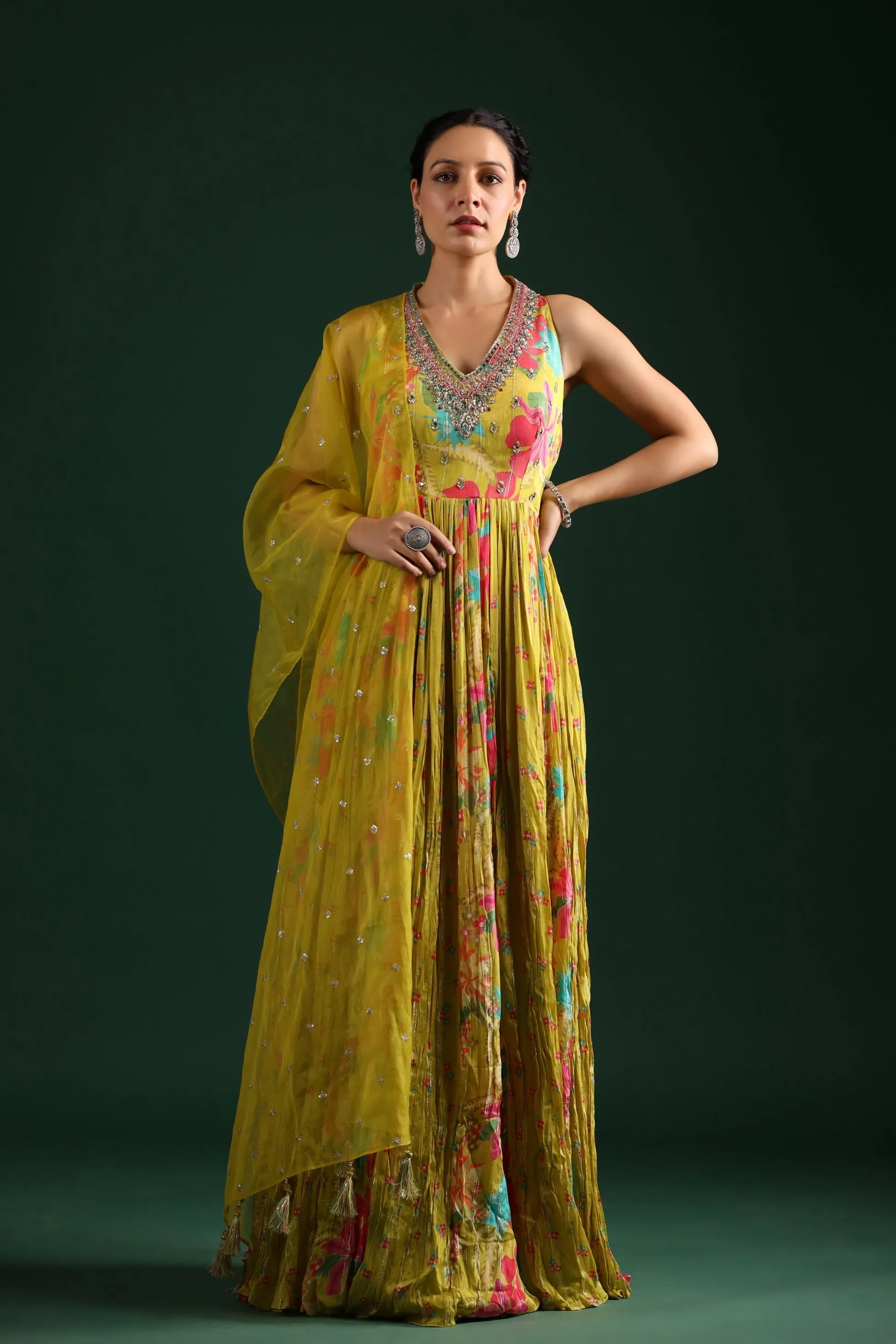 Corn Yellow Floral Printed Chinon Silk Anarkali Set